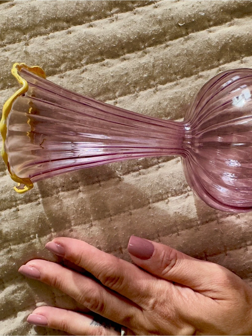 Anthropologie Lavender Glass Bud Vase with Gold-Edged Fluted Rim
